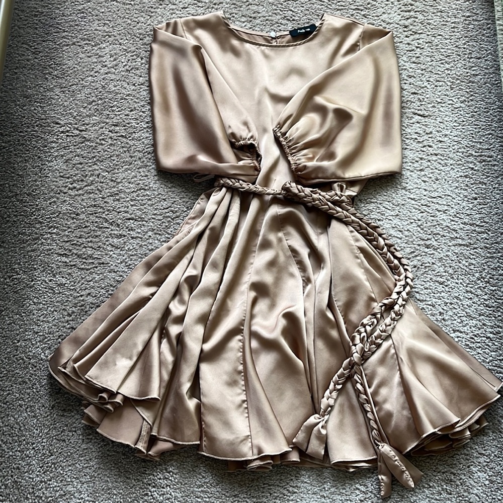 Aakaa Cream Satin Midi Dress with Braided Belt